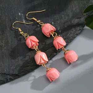 Handmade Resin Tulip Flower Bud Dangle Earrings Vintage Hawaiian Style Triple Floral Drop Earrings Gold Plated Alloy Hook Jewelry For Women