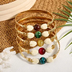 Bohemian Gold Plated Copper Bangle With Tiger Eye Natural Stone Resin Jasmine Flower Engraved Vintage Hawaiian Island Style Women Jewelry