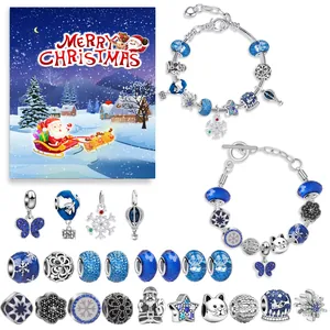 Weihnachts Adventskalender Schmuckkästchen Set Für Kinder DIY Blaues Charm Armband Legierung Weihnachtsmann Schneeflocke Anhänger Geschenk