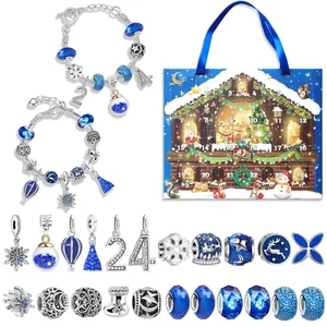 Christmas Advent Calendar Jewelry Set For Girls DIY Charm Bracelet Set Alloy Beads Pendant Snowman Reindeer Holiday Gift