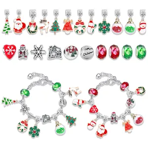 Detailed Christmas charm bracelet set featuring snowman, reindeer and tree pendants
