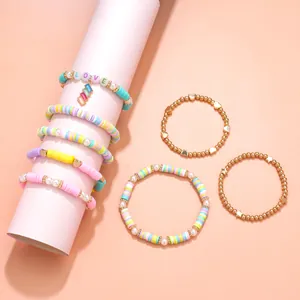DIY colorful polymer clay and luminous letter bead bracelet set with gold charms