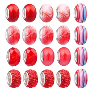 20 piezas de cuentas de vidrio rojo con agujero grande para pulseras DIY y núcleos de plata
