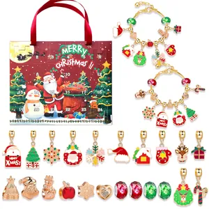 Calendrier De L Avent De Noël Compte À Rebours DIY Kit Bijoux Pour Enfants Filles Bracelet Or Et Charmes Avec Boîte Rouge