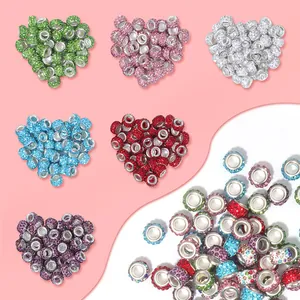 Close-up of sparkling rhinestone large hole clay beads in various colors for DIY bracelets