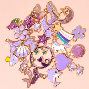 Ensemble de pendentifs violets en émail avec licornes et lunes pour la création de bijoux