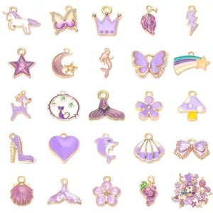 Pendentifs en Alliage Émaillé Violet pour Bijoux DIY Mignon Dessin Animé Nœud Lune Étoile Cœur Licorne Coquillage Charms