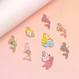 Set of 8 colorful mermaid enamel charms with golden alloy edges for DIY jewelry making