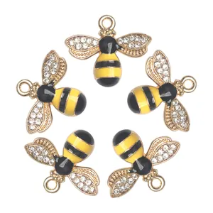 Set of 5 golden honey bee charms with sparkling wings and yellow black enamel for DIY jewelry