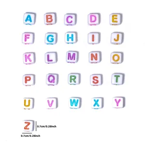 Set of 7mm white luminous resin alphabet beads with colorful A-Z letter engravings