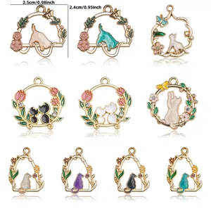 Cat theme enamel alloy pendants set for DIY jewelry with floral and heart cat patterns