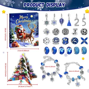 Blue Christmas Advent Calendar with 24 DIY jewelry charms and two silver bracelets