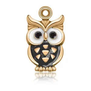 Golden owl enamel charm with intricate triangle scale pattern for DIY jewelry making