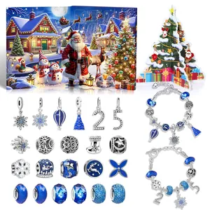 Blue Christmas advent calendar with 24-day countdown jewelry box and DIY bracelet charms