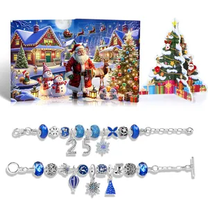 Blue Christmas advent calendar with 24-day countdown and DIY charm bracelet jewelry set