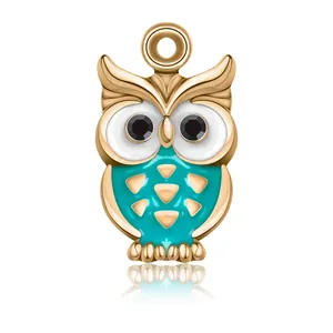 Cute owl pendant charm in gold alloy with teal green enamel for DIY jewelry making