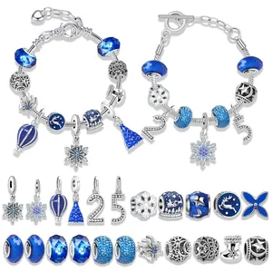 Blue Christmas advent calendar 24-day countdown DIY charm bracelet set with snowflake pendants