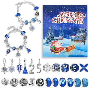 Detailed blue Christmas advent calendar set with 24 DIY charms and two silver bracelets