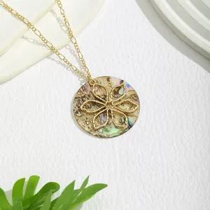 Luxury Natural Abalone Shell Round Pendant Necklace Gold Plated Hollow Floral Figaro Chain For Women Beach Holiday Jewelry
