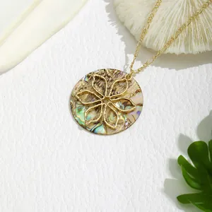 Detailed view of gold circular pendant with iridescent shell inlay and floral filigree
