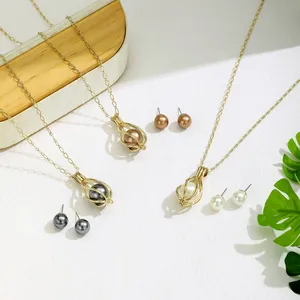 Vintage Hohl Vogelkäfig Künstliche Perle Schmuckset Vergoldetes Kupfer Tränenform Anhänger Halskette Und Ohrstecker Für Damen Hochzeit Party Schmuck
