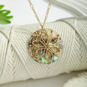 Golden round pendant necklace with flower detail and iridescent abalone shell inlay