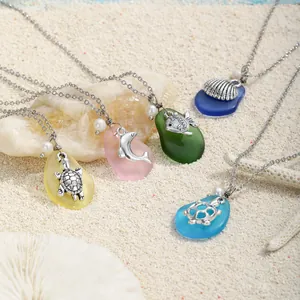 Collana con Pendente Tema Oceano in Lega per Donna Vetro Smerigliato Perla Sintetica Delfino Tartaruga Marina Gioielli Estate
