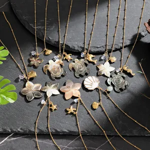 Hawaiian Ocean Natural Mother of Pearl Shell Pendant Necklace Golden Alloy Chain Turtle Dolphin Starfish Double Pendants Beach Jewelry For Women