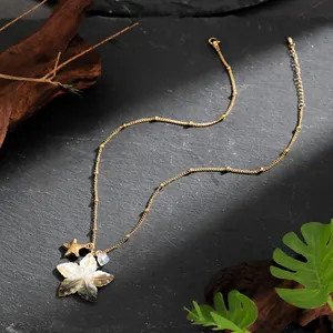 Detail of gold necklace with iridescent shell star and metallic starfish pendant on rock