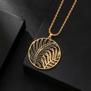 Vintage Gold Plated Alloy Hollow Palm Leaf Round Pendant Necklace And Grey Faux Pearl Dangle Earrings For Women Fashion Jewelry