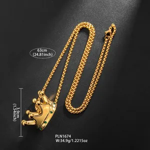 Luxurious 18k gold plated crown pendant necklace with green stones and box chain