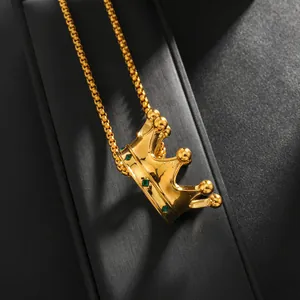 Luxurious 18k gold plated crown pendant necklace with green crystals on box chain