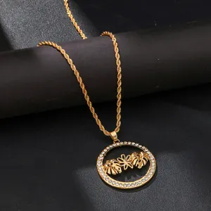 Collar con Colgante de Hoja de Monstera de Aleación de Oro Vintage con Strass Cadena de Cuerda Estilo Hawaiano Joyería para Mujer