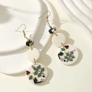 Handmade White Polymer Clay Flower Drop Earrings Botanical Floral Relief Round Dangle Earrings For Women Boho Jewelry