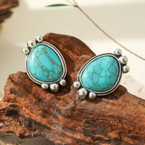 Boucles d'Oreilles Pendantes Bohème Vintage en Alliage avec Incrustation de Turquoise Goutte d'Eau Bijoux Ethniques Argent Antique