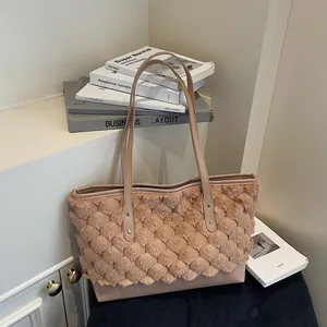 Women's Fashion Plush Faux Fur Tote Bag Contrast PU Leather Shoulder Handbag Large Capacity Urban Minimalist Commute Bag