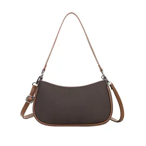 Retro crescent underarm bag in dark coffee canvas with brown leather trim detailing