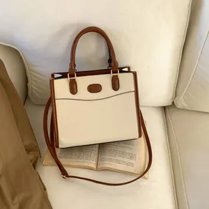 Retro Minimalist PU Leather Tote Bag Stitching Large Capacity Crossbody Handbag With Adjustable Strap Gold Hardware