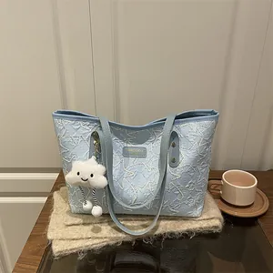 Light blue star embroidered tote bag with gold logo and cute cloud charm detail
