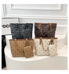 Ensemble de cabas imprimés rétro en noir, café, marron et beige avec pochettes assorties