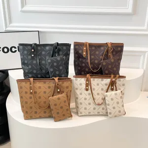 Sac Cabas Imprimé Vintage pour Femmes en Cuir PU Grande Capacité Sac à Épaule Avec Pochette Assortie Mode Coréenne Navette Décontractée Monogramme Sac à Main