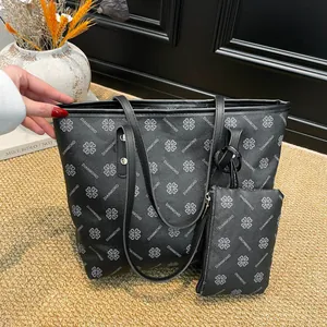Ensemble cabas rétro noir avec motif trèfle et pochette assortie de grande taille