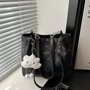Borsa Tote da Donna a Grande Capacità Con Stampa Stella e Luna Borsa a Tracolla Minimalista Con Ciondolo a Nuvola Elegante