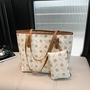 Retro printed tote bag set in beige and brown with purple clover pattern and long strap