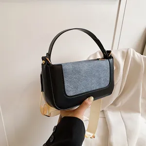 Borsa Sottobraccio Retrò Donna in Pelle PU e Tessuto Design a Contrasto Con Tracolla Larga Moda Pendolare Borsa a Mano
