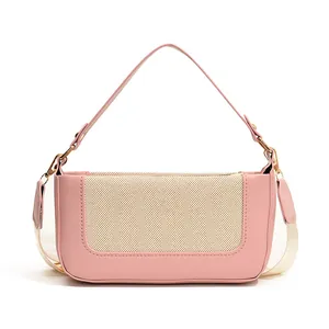 Borsa sottobraccio retrò rosa da donna con pannelli in rete beige e tracolla rimovibile