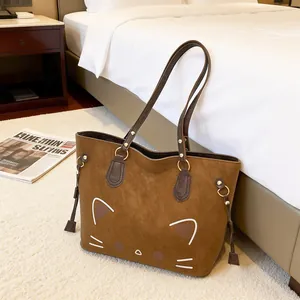 Sac Fourre-tout de Grande Capacité pour Femmes avec Imprimé Visage de Chat en Cuir PU Sac à Main Décontracté pour Shopping