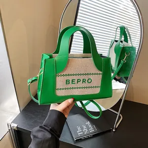 Borsa a Mano da Donna in Pelle PU e Tela con Splicing BEPRO Stampa a Lettere Piccola Borsa a Tracolla Quadrata