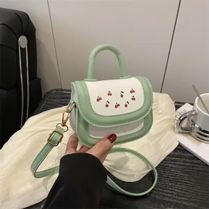 Women Mini Cherry Print PU Leather Crossbody Bag Small Square Handbag Casual Contrast Color Shoulder Bag For Girls Kids