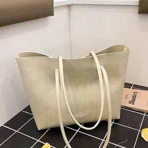Retro cream beige large capacity tote bag with textured faux leather and long straps